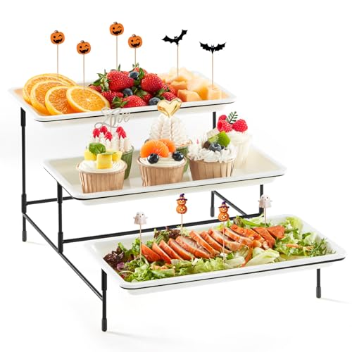 Lifewit 3-stufiges Serviertablett für Partyzubehör, 30x17cm Servierplatte zum Anrichten von Speisen, weiße wiederverwendbare Tabletts mit schwarzer Obstschale für Gemüse, Obst, Kekse, Desserts