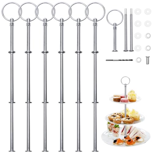 Kigniote 3 stufige Etageren Stangen Set, 6 Stück Metallstangen Etagere silber mit Bohrer, Etagere Stäbe für Torte Cupcakes Macarons Donut Muffin und Obst (Platte nicht enthalten) (Silber)