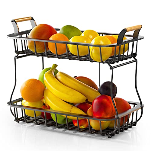 TWBEST 2-stöckiger Obstkorb,Obst Etagere,Bietet mehr Platz auf der Arbeitsplatte-Aufbewahrung von Obst und Gemüse,Obsthalter (schwarz),Geeignet für Küchenbank,Wohnzimmer